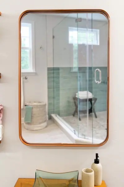 Image of Espelho luxo retangular retrô 90x60cm banheiro sala quarto hall moldura rose gold